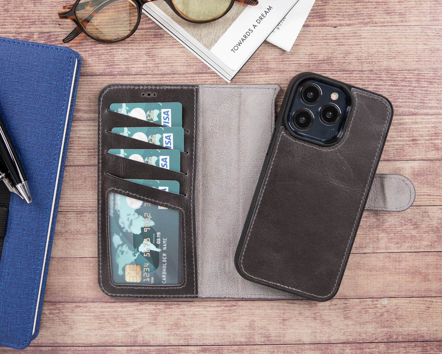 iPhone 13 Pro (6.1") Leather MagSafe RFID Magnetic Detachable Wallet Case - Rustic Black