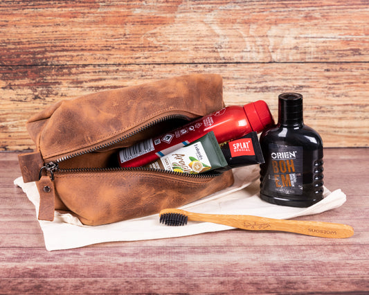 Leather Women Make Up Bag - Antic Brown