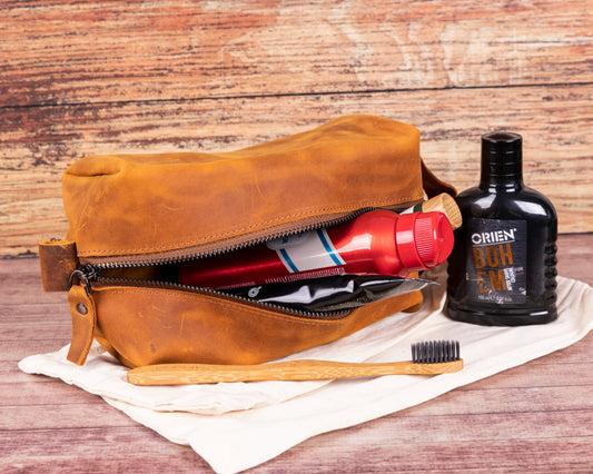 Leather Women Make Up Bag - Dark Brown