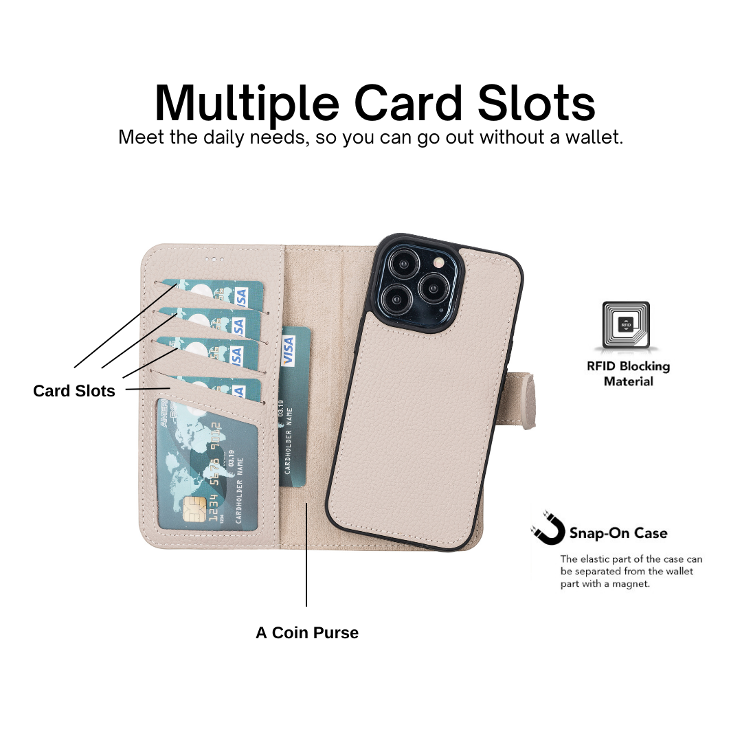 iPhone 14 Pro (6.1") Leather MagSafe RFID Detachable Double Wallet Case - Beige