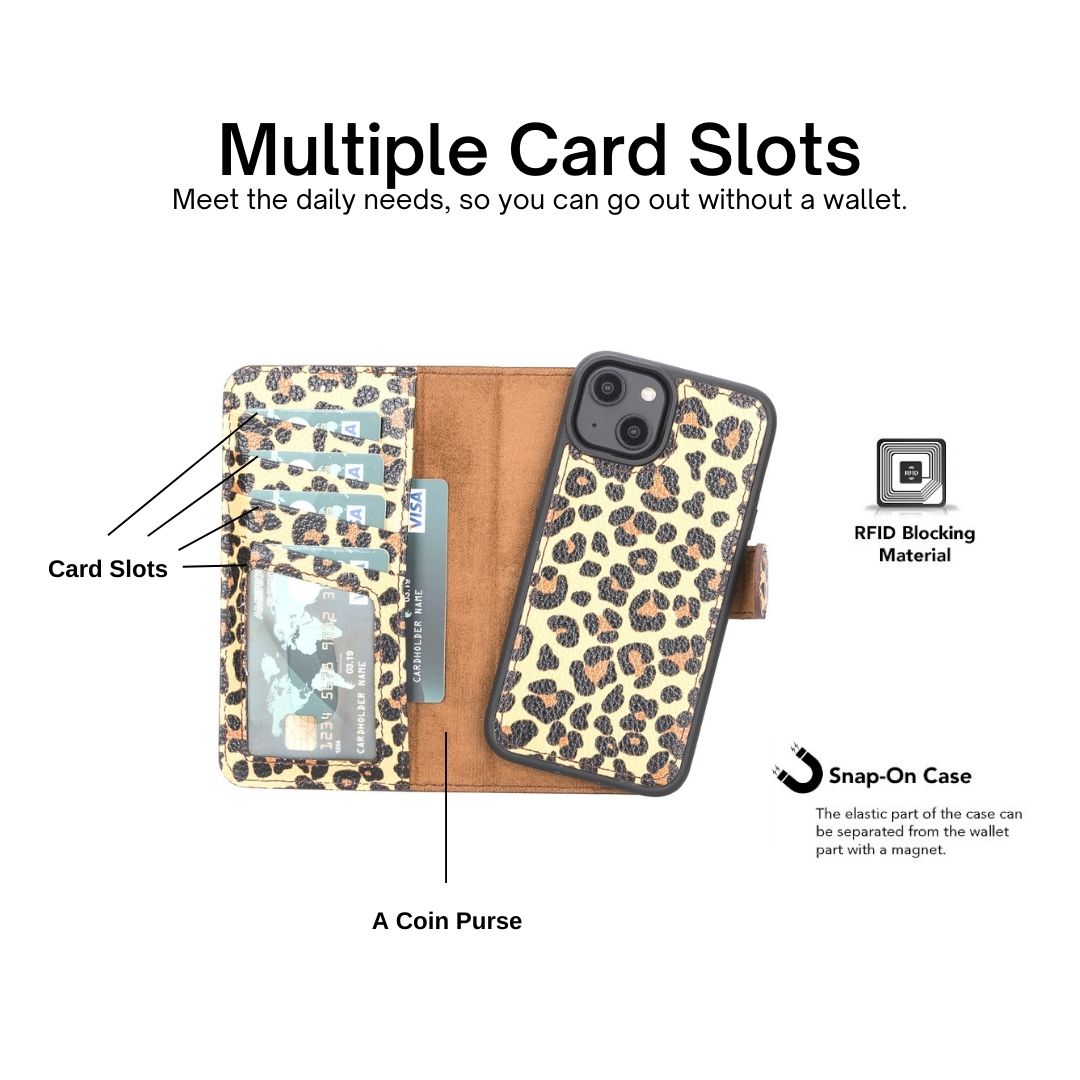 iPhone 14 Pro (6.1") Leather MagSafe RFID Detachable Double Wallet Case - Leopard