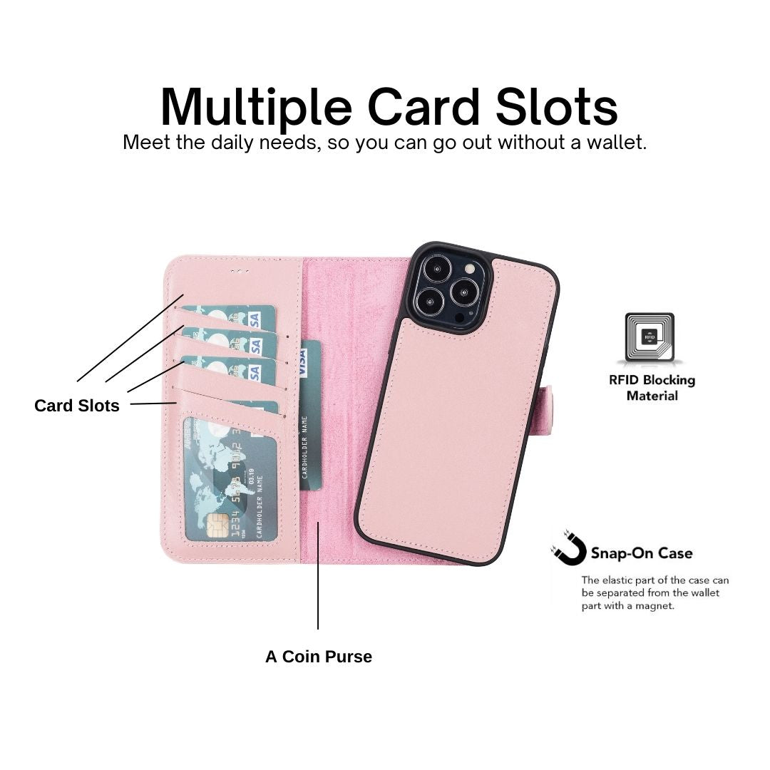 iPhone 13 Pro Max (6.7") Leather MagSafe RFID Magnetic Detachable Wallet Case - Pink