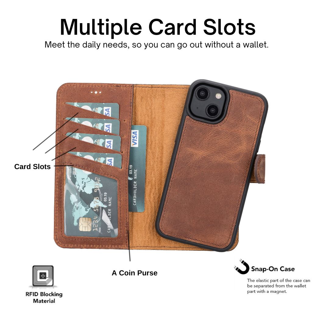 iPhone 14 (6.1") Leather MagSafe RFID Detachable Wallet Case - Teak Brown