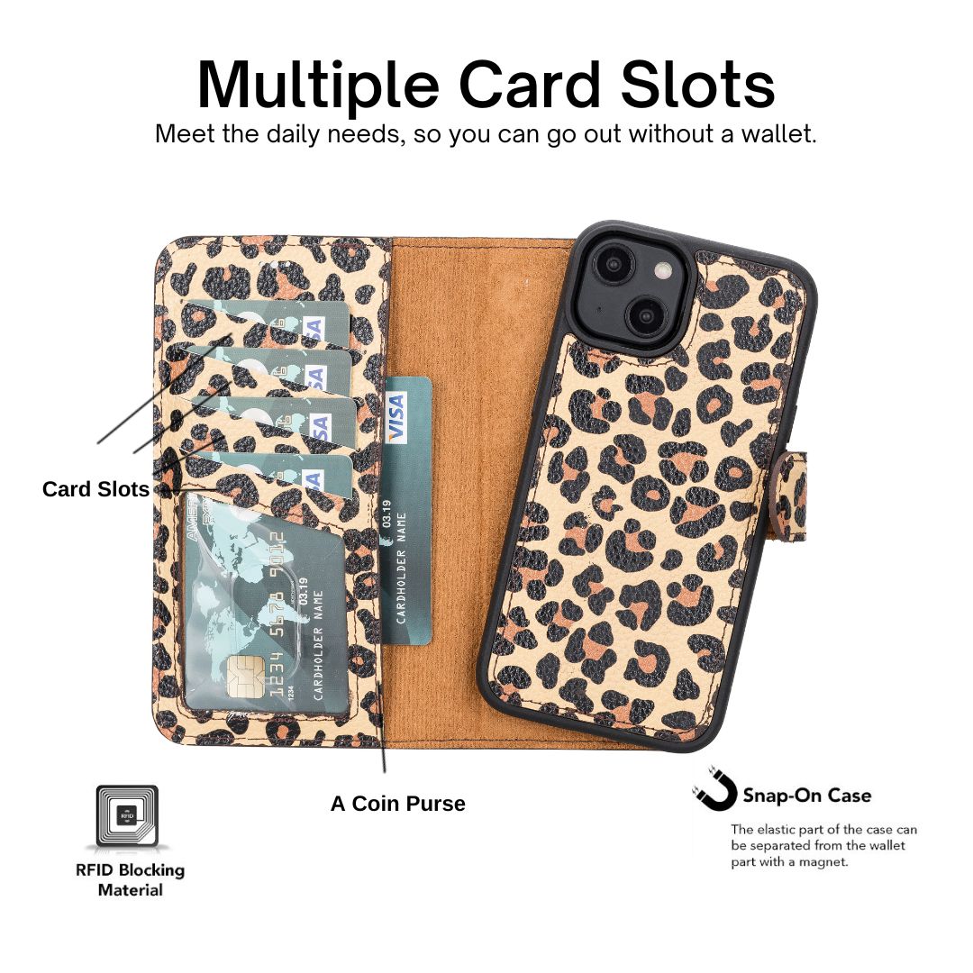 iPhone 14 (6.1") Leather MagSafe RFID Detachable Wallet Case - Leopard