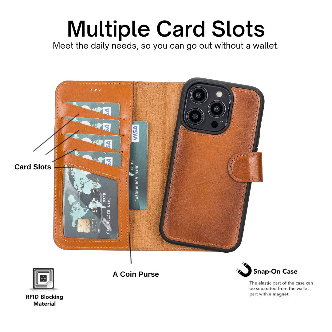iPhone 14 Pro (6.1") Leather MagSafe RFID Detachable Wallet Case - Rustic Brown