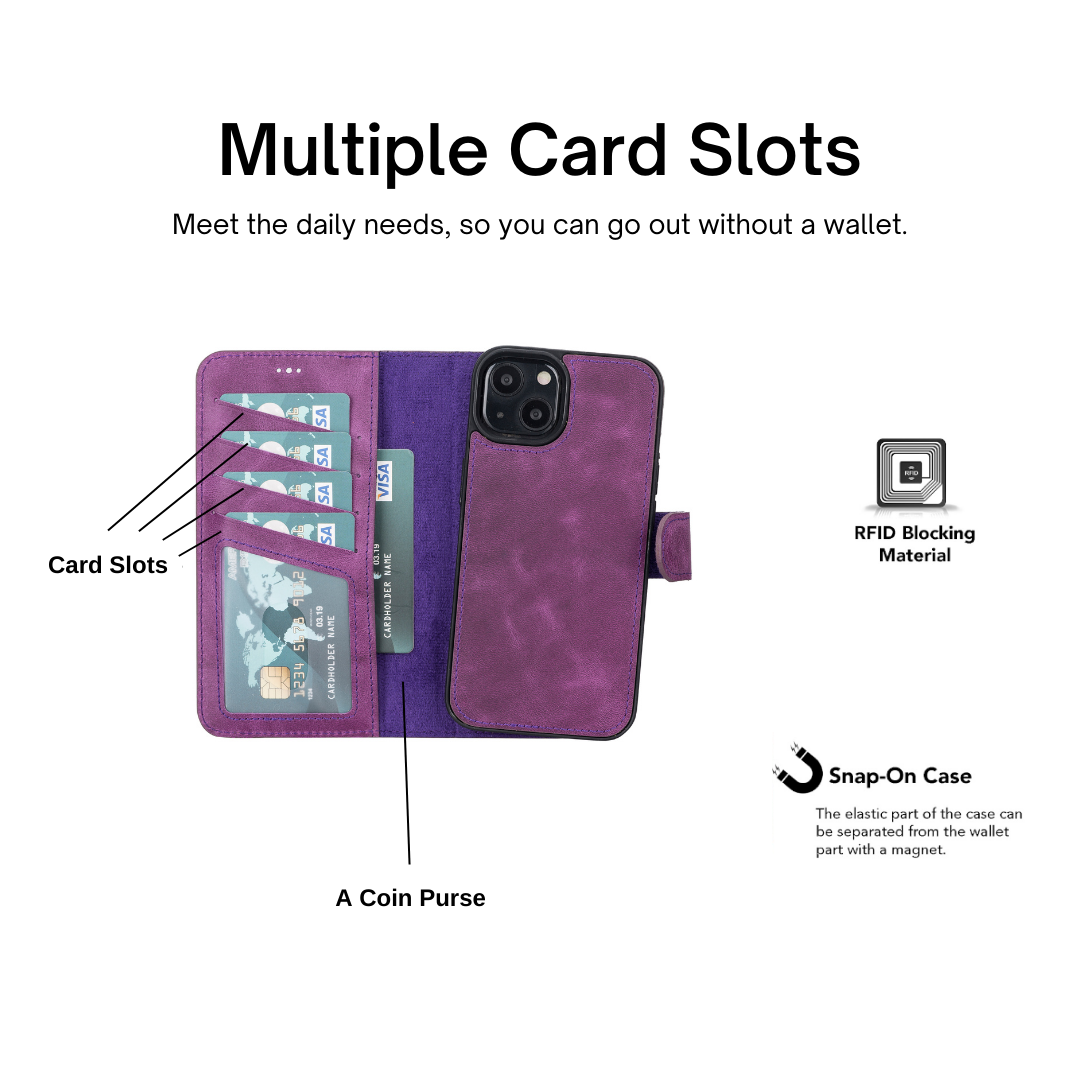 iPhone 13 (6.1") Leather MagSafe RFID Magnetic Detachable Wallet Case - Purple