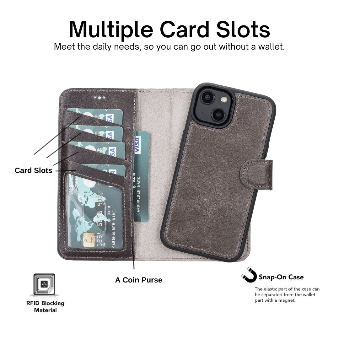 iPhone 14 (6.1") Leather MagSafe RFID Detachable Wallet Case - Rustic Black