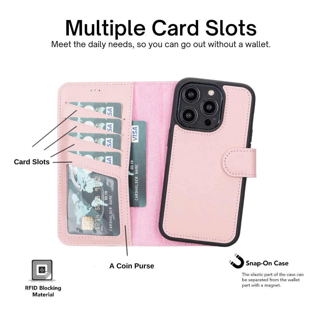 iPhone 14 Pro (6.1") Leather MagSafe RFID Detachable Wallet Case - Pink