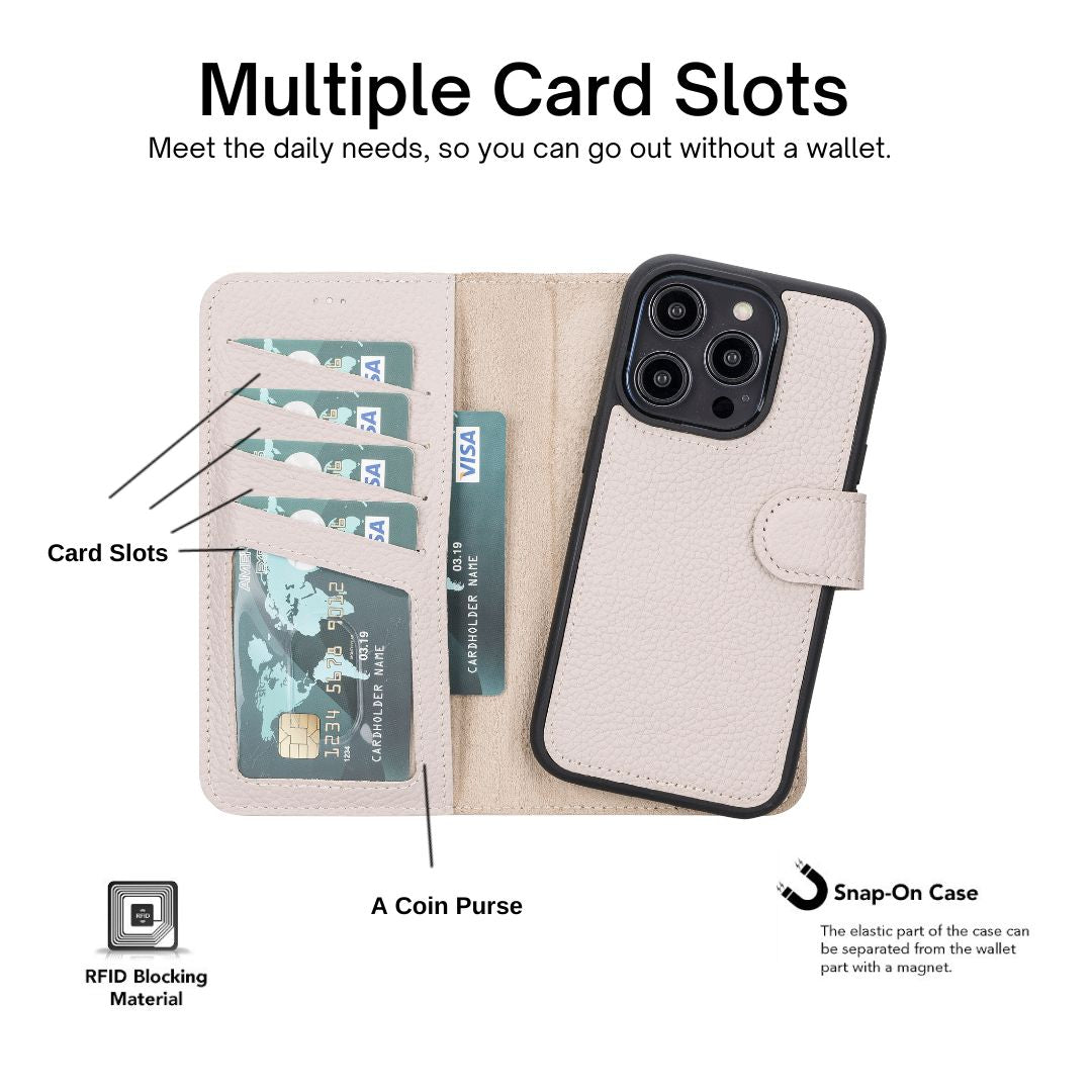 iPhone 14 Pro (6.1") Leather MagSafe RFID Detachable Wallet Case - Beige