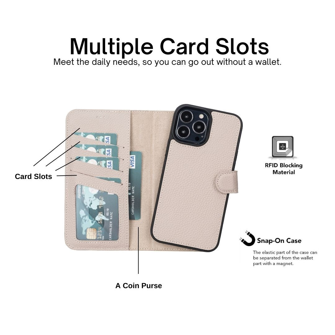 iPhone 13 Pro Max (6.7") Leather MagSafe RFID Magnetic Detachable Wallet Case - Beige