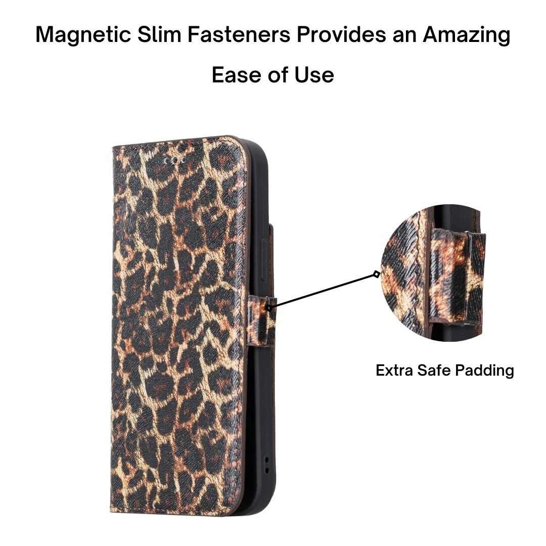iPhone 13 Pro (6.1") Leather MagSafe Stand Wallet Case RFID Protection - Black Leopard