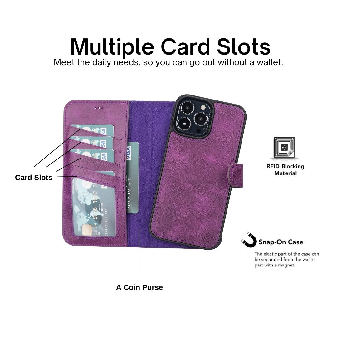 iPhone 13 Pro Max (6.7") Leather MagSafe RFID Magnetic Detachable Wallet Case - Purple