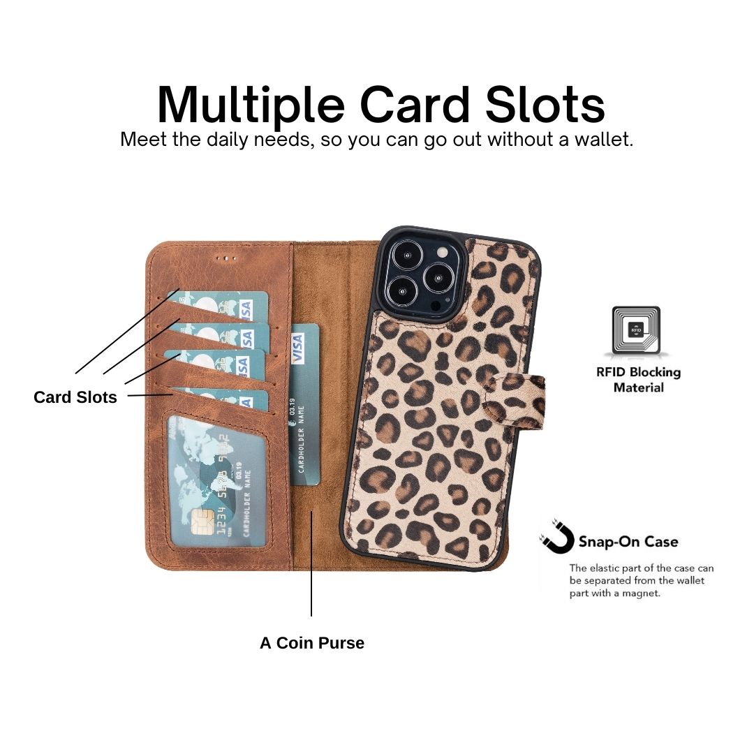 iPhone 13 Pro Max (6.7") Leather MagSafe RFID Magnetic Detachable Wallet Case - Furry Leopard
