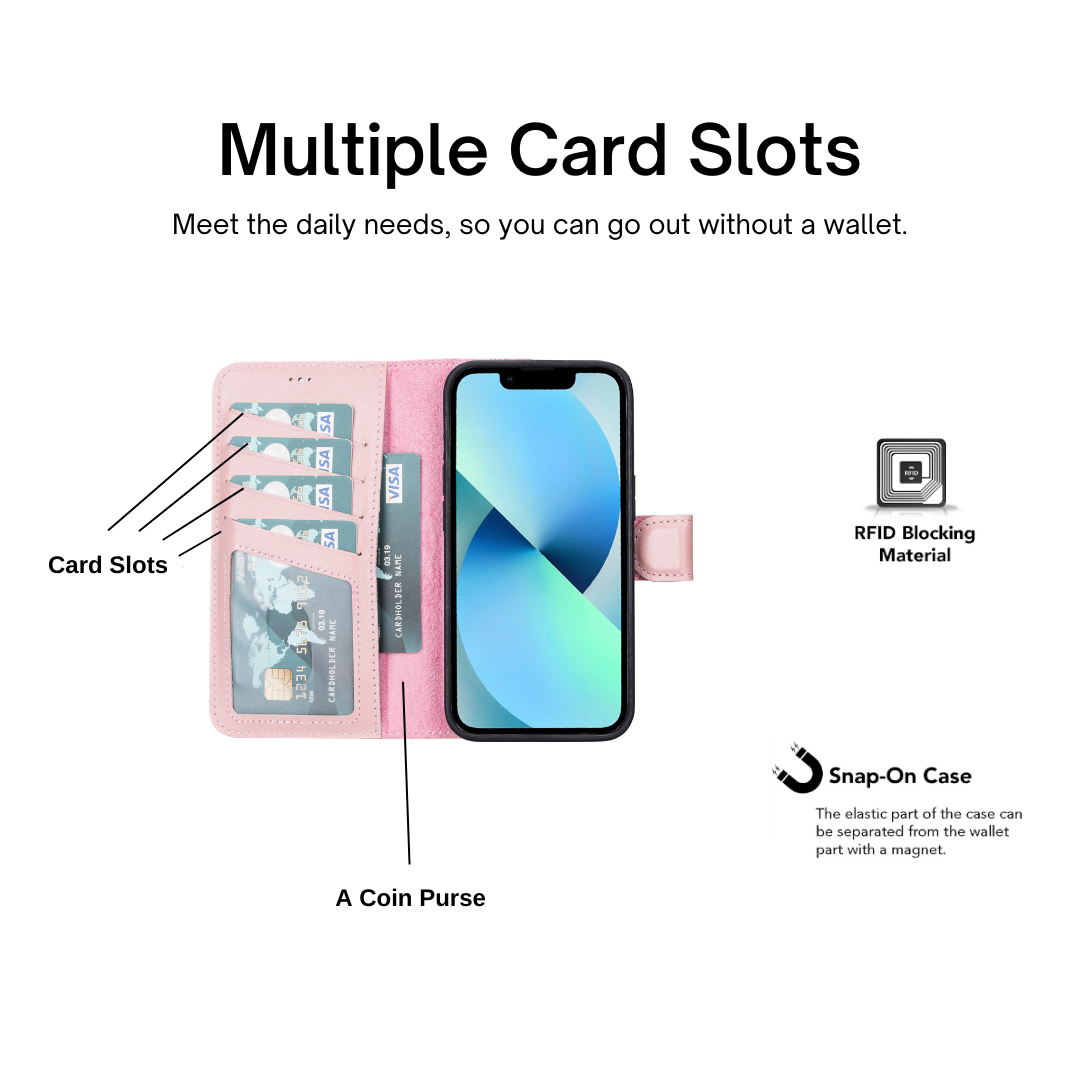 iPhone 14 Pro (6.1") Leather MagSafe RFID Detachable Double Wallet Case - Pink