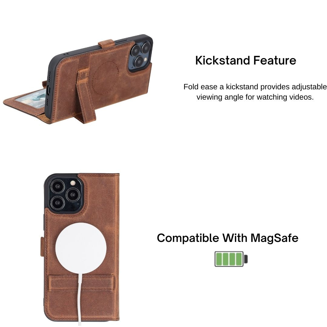 iPhone 13 (6.1") Leather MagSafe Stand Wallet Case RFID Protection - Teak Brown