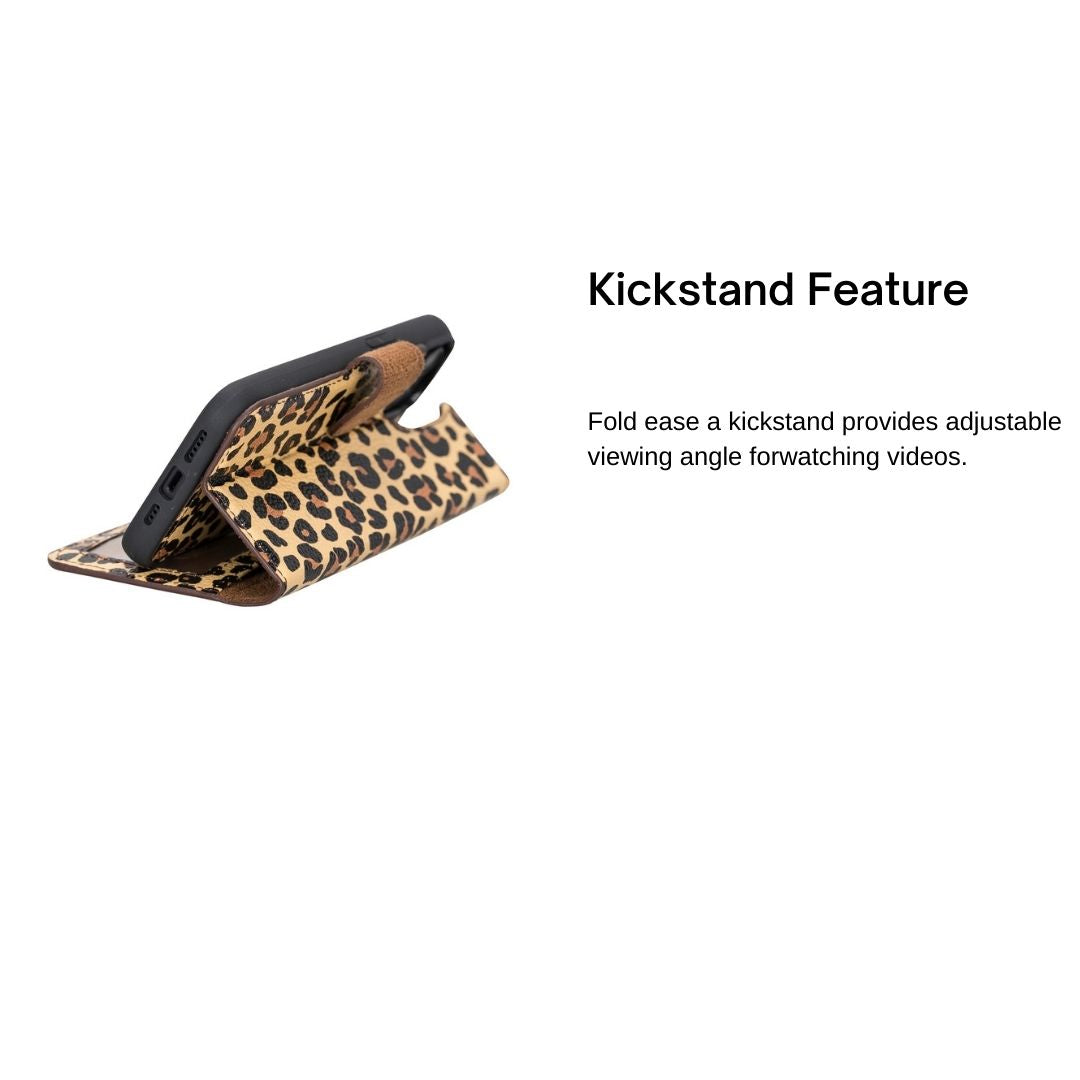 iPhone 14 Pro (6.1") Leather MagSafe RFID Detachable Double Wallet Case - Leopard