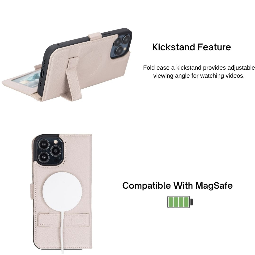 iPhone 13 Pro (6.1") Leather MagSafe Stand Wallet Case RFID Protection - Beige