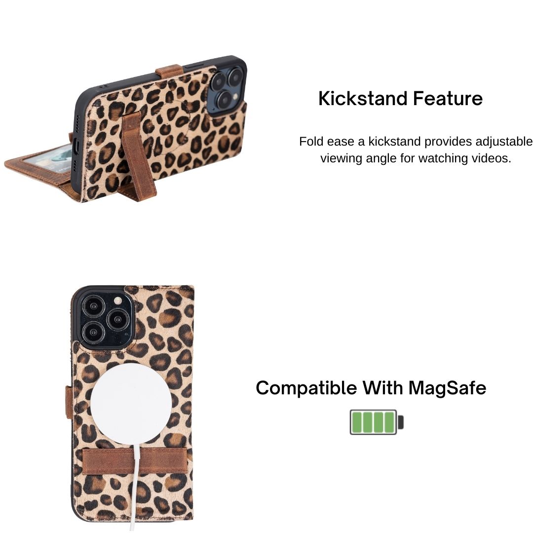 iPhone 14 (6.1") Leather MagSafe RFID Stand Wallet Case - Leopard