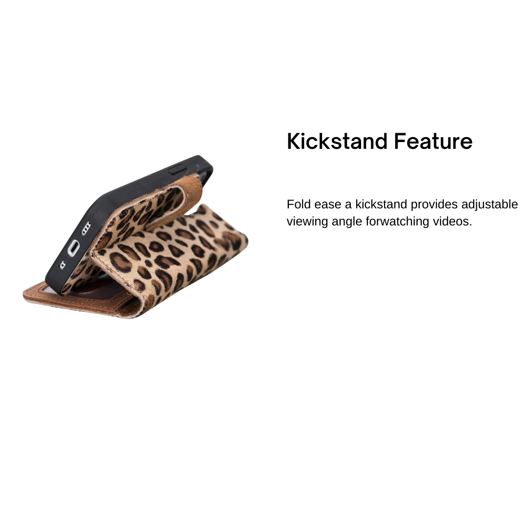 iPhone 13 Mini (5.4") Leather MagSafe RFID Magnetic Detachable Wallet Case - Furry Leopard
