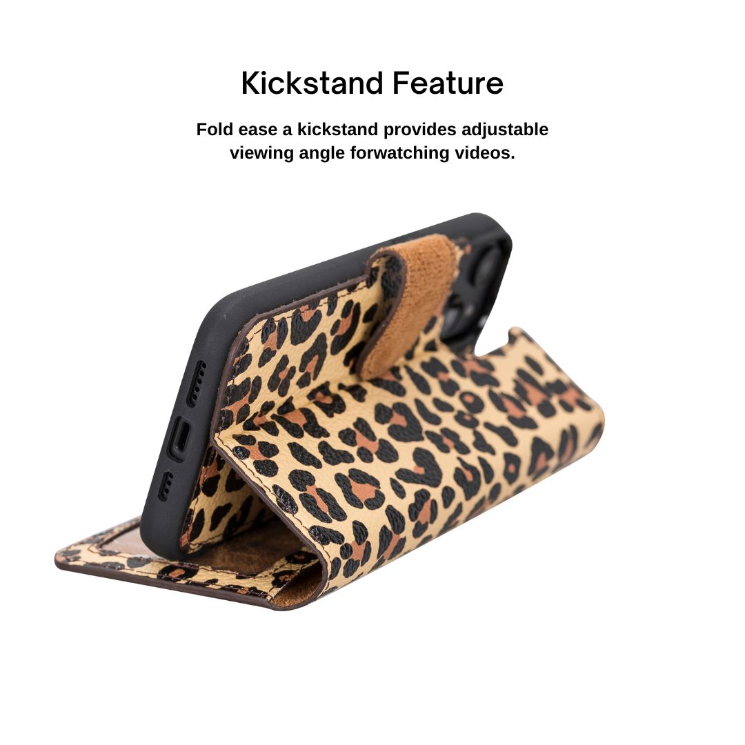 iPhone 14 (6.1") Leather MagSafe RFID Detachable Wallet Case - Leopard