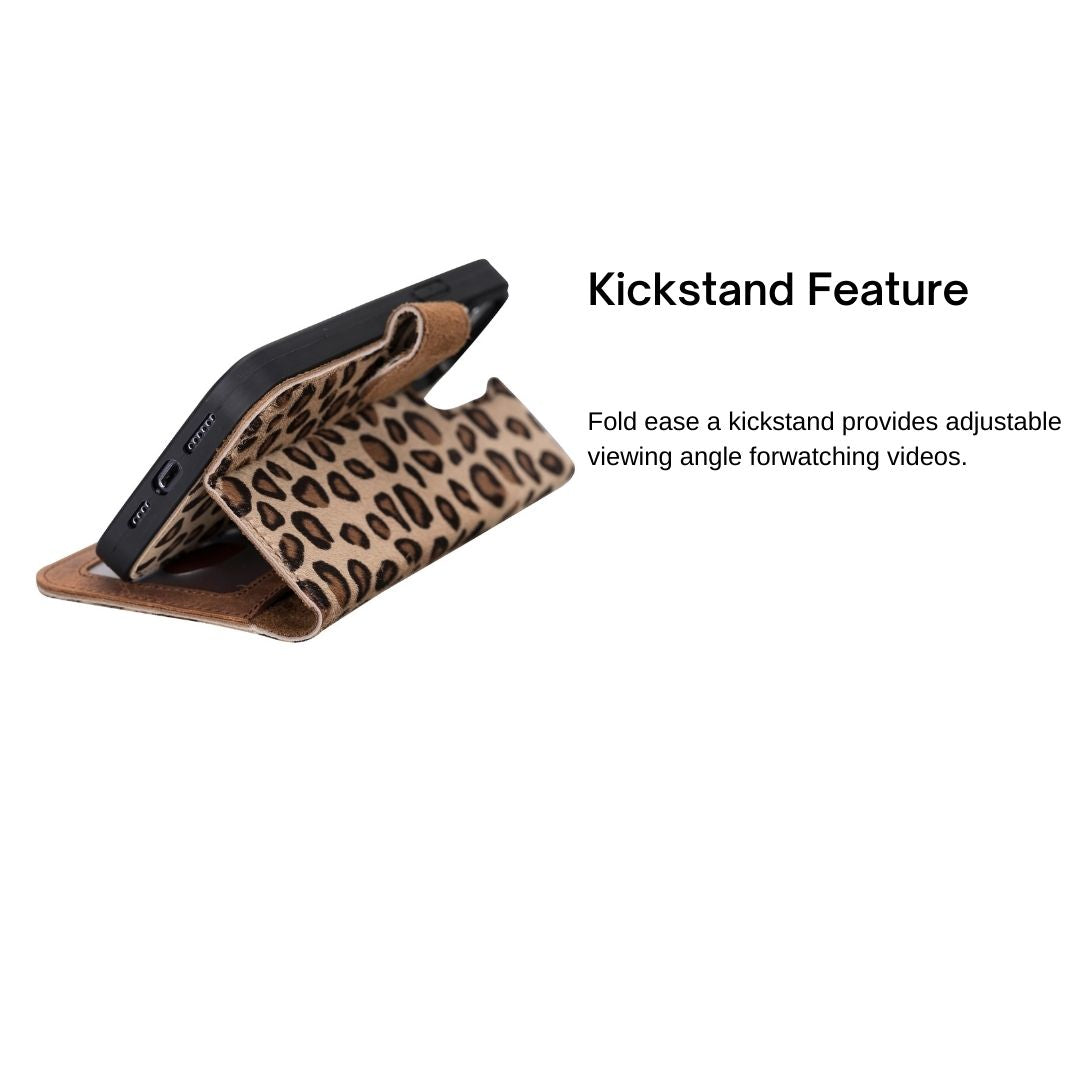iPhone 13 Pro Max (6.7") Leather MagSafe RFID Magnetic Detachable Wallet Case - Furry Leopard