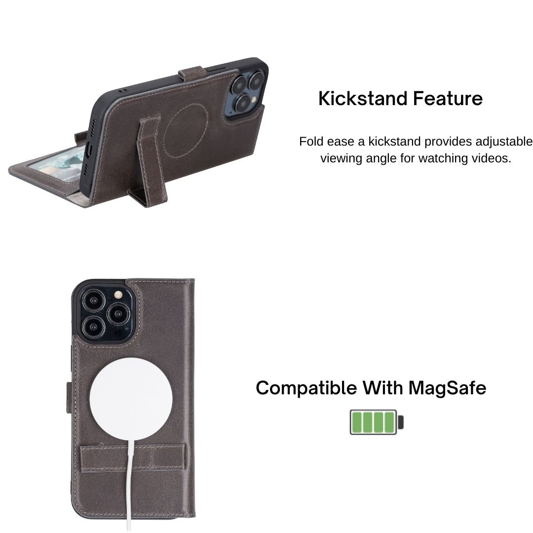iPhone 13 (6.1") Leather MagSafe Stand Wallet Case RFID Protection - Rustic Black