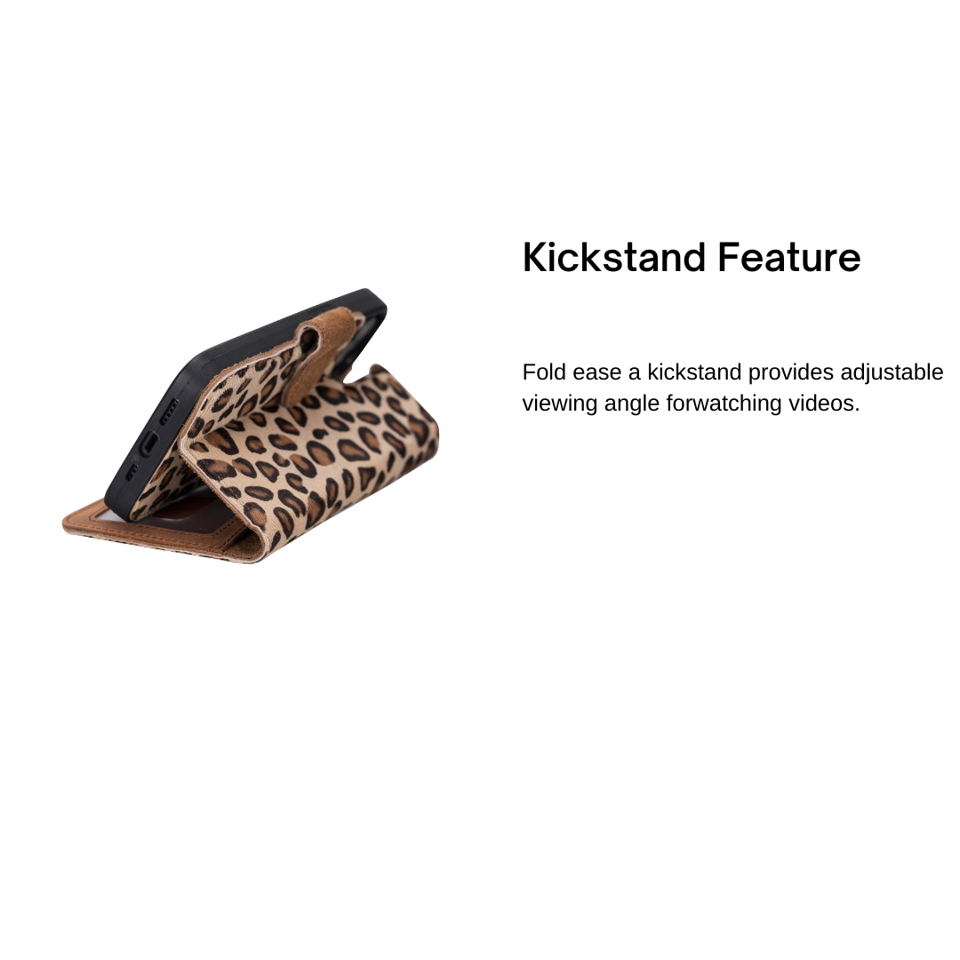 iPhone 13 (6.1") Leather MagSafe RFID Magnetic Detachable Wallet Case - Furry Leopard