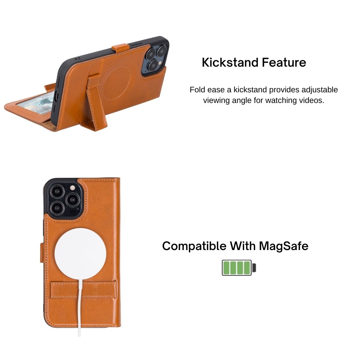iPhone 13 (6.1") Leather MagSafe Stand Wallet Case RFID Protection - Brown