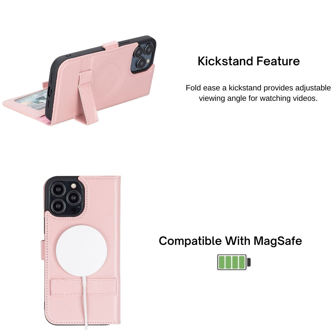 iPhone 14 Pro (6.1") Leather MagSafe RFID Stand Wallet Case - Pink