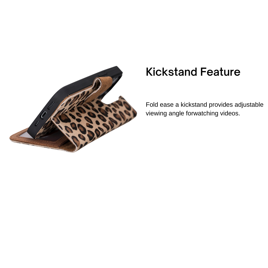 iPhone 13 Pro (6.1") Leather MagSafe RFID Magnetic Detachable Wallet Case - Furry Leopard