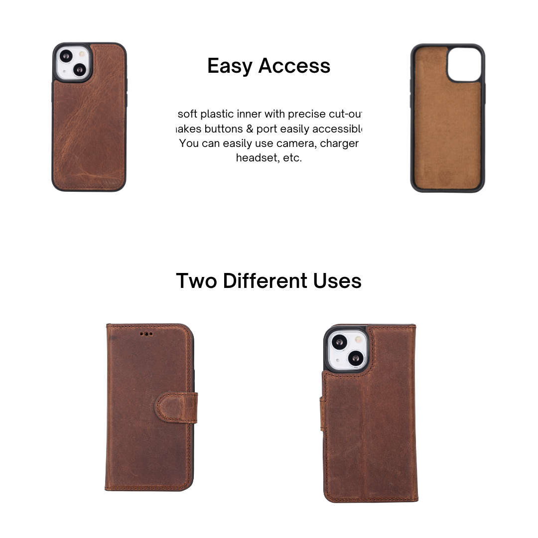 iPhone 13 Mini (5.4") Leather MagSafe RFID Magnetic Detachable Wallet Case - Teak Brown