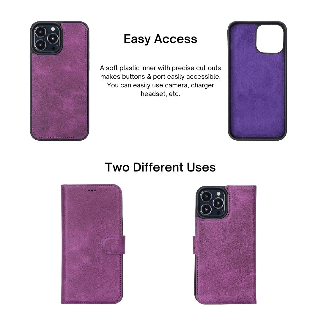 iPhone 13 Pro Max (6.7") Leather MagSafe RFID Magnetic Detachable Wallet Case - Purple