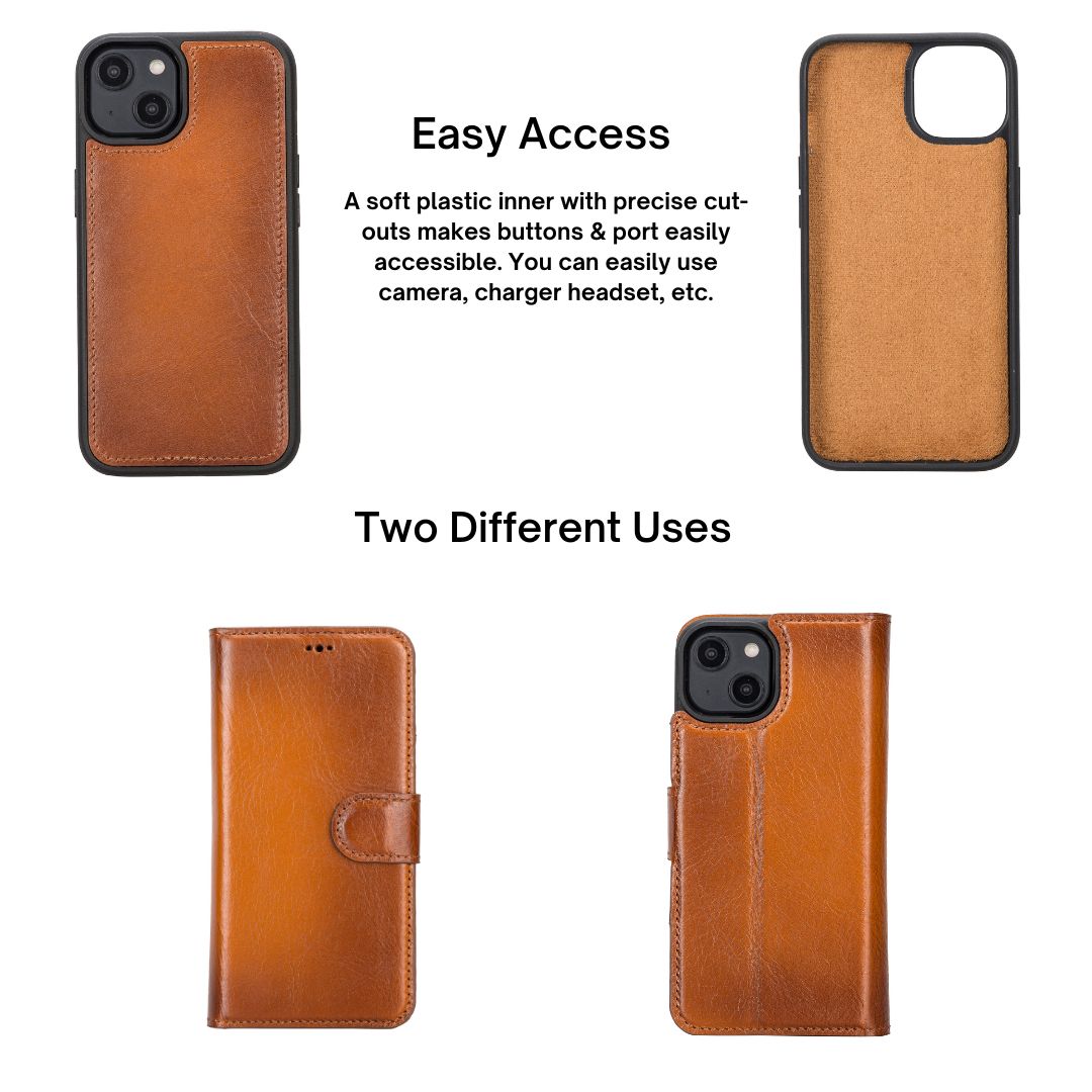 iPhone 14 (6.1") Leather MagSafe RFID Detachable Wallet Case - Rustic Brown
