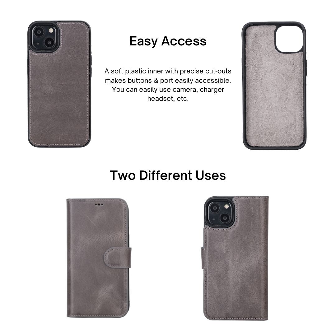 iPhone 14 Pro (6.1") Leather MagSafe RFID Detachable Double Wallet Case - Rustic Black