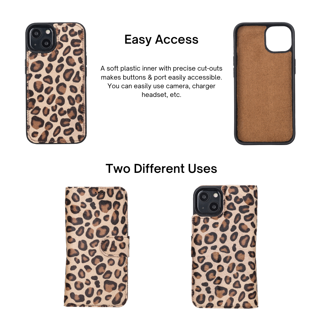 iPhone 13 (6.1") Leather MagSafe RFID Magnetic Detachable Wallet Case - Furry Leopard