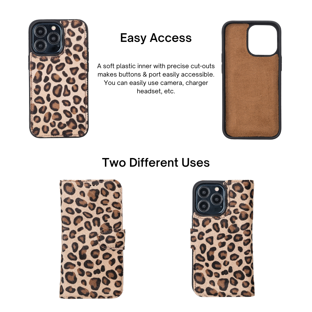 iPhone 13 Pro (6.1") Leather MagSafe RFID Magnetic Detachable Wallet Case - Furry Leopard