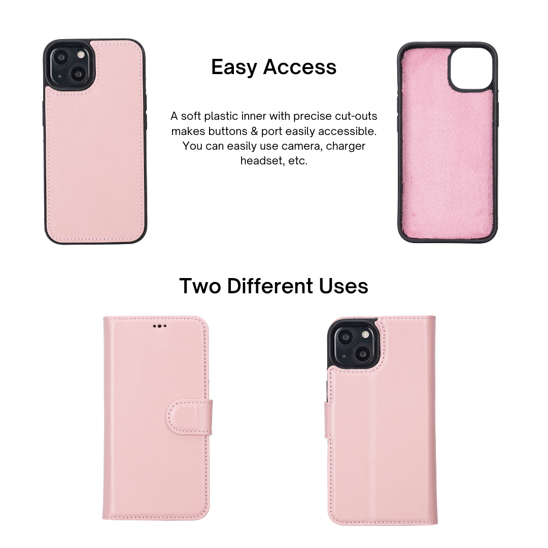 iPhone 14 Pro (6.1") Leather MagSafe RFID Detachable Double Wallet Case - Pink