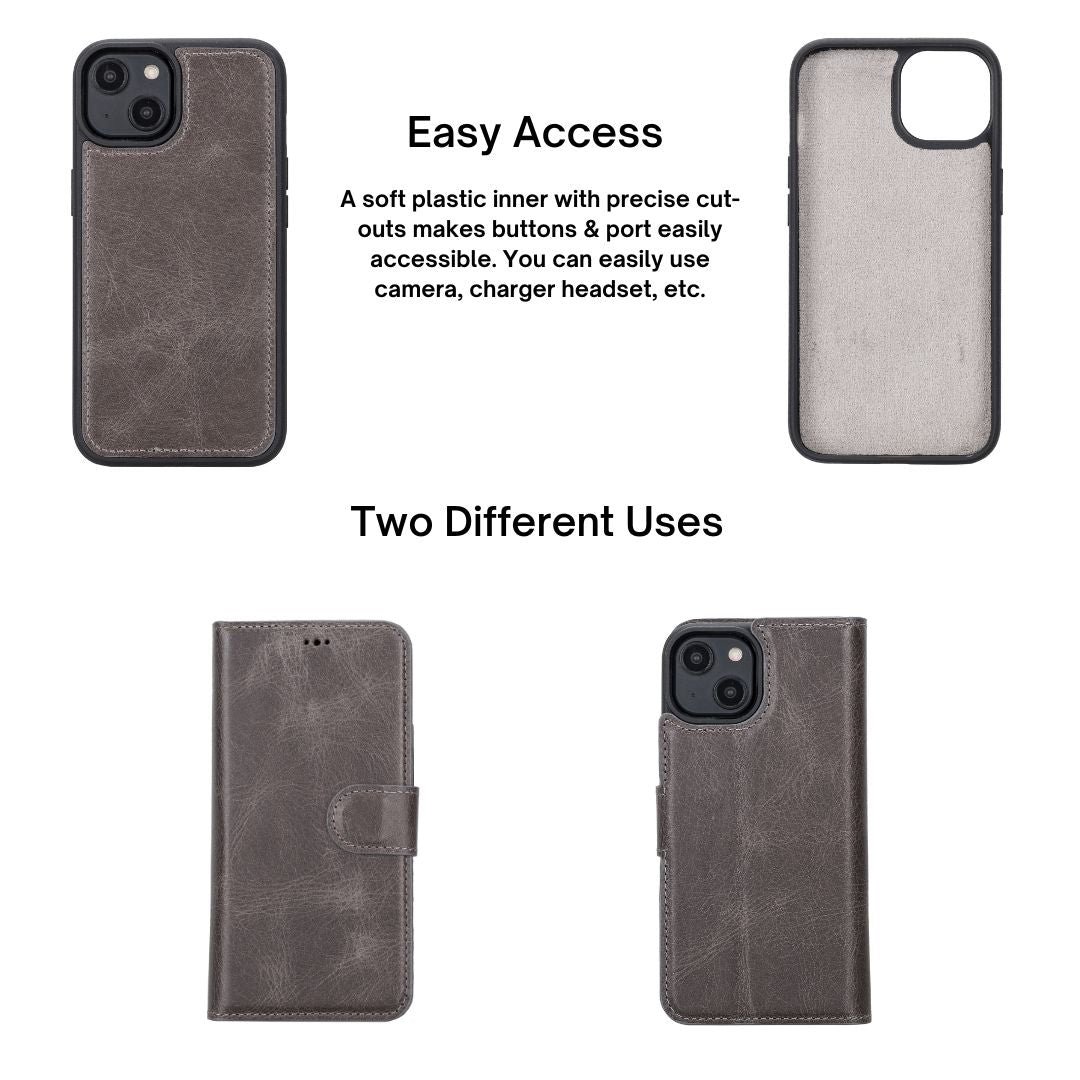 iPhone 14 (6.1") Leather MagSafe RFID Detachable Wallet Case - Rustic Black