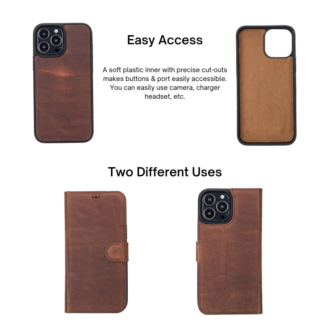 iPhone 13 Pro Max (6.7") Leather MagSafe RFID Magnetic Detachable Wallet Case - Teak Brown