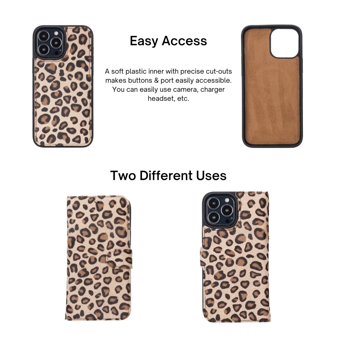 iPhone 13 Pro Max (6.7") Leather MagSafe RFID Magnetic Detachable Wallet Case - Furry Leopard