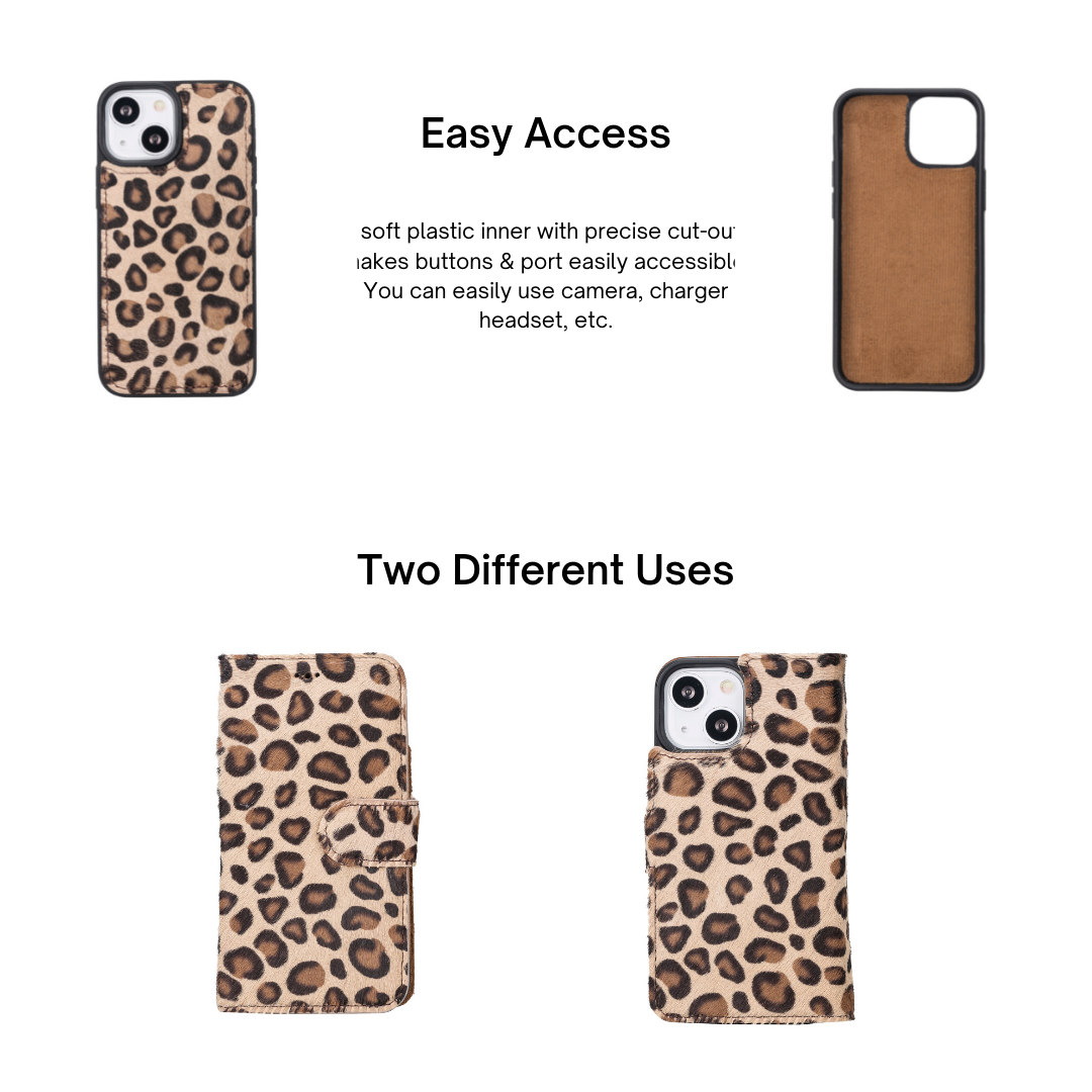 iPhone 13 Mini (5.4") Leather MagSafe RFID Magnetic Detachable Wallet Case - Furry Leopard