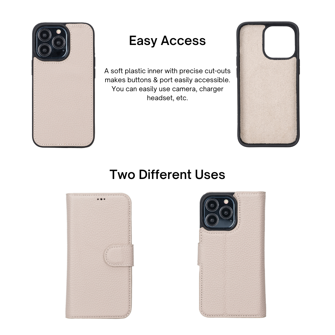 iPhone 14 Pro (6.1") Leather MagSafe RFID Detachable Double Wallet Case - Beige