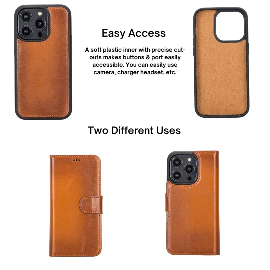 iPhone 14 Pro Max (6.7") Leather MagSafe RFID Detachable Double Wallet Case - Rustic Brown