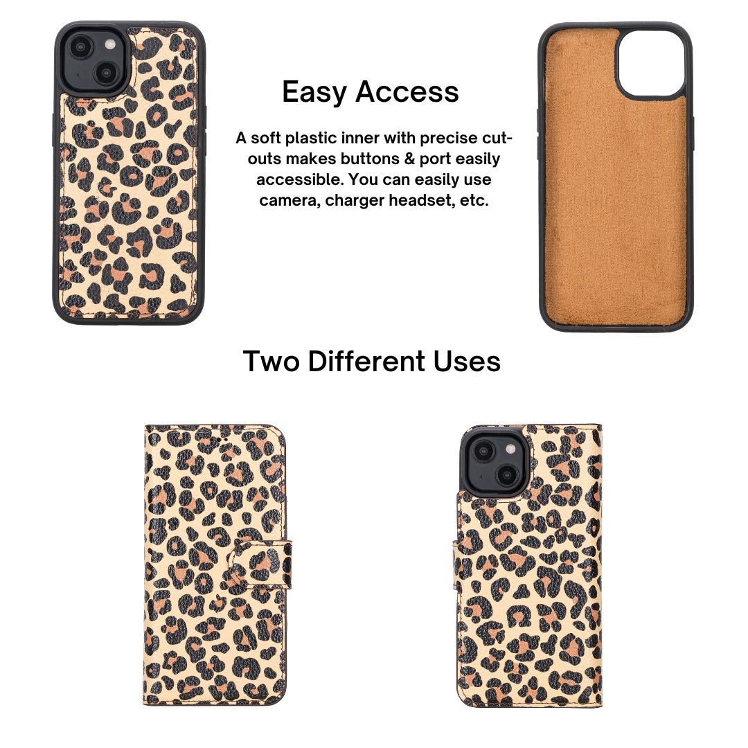 iPhone 14 (6.1") Leather MagSafe RFID Detachable Wallet Case - Leopard