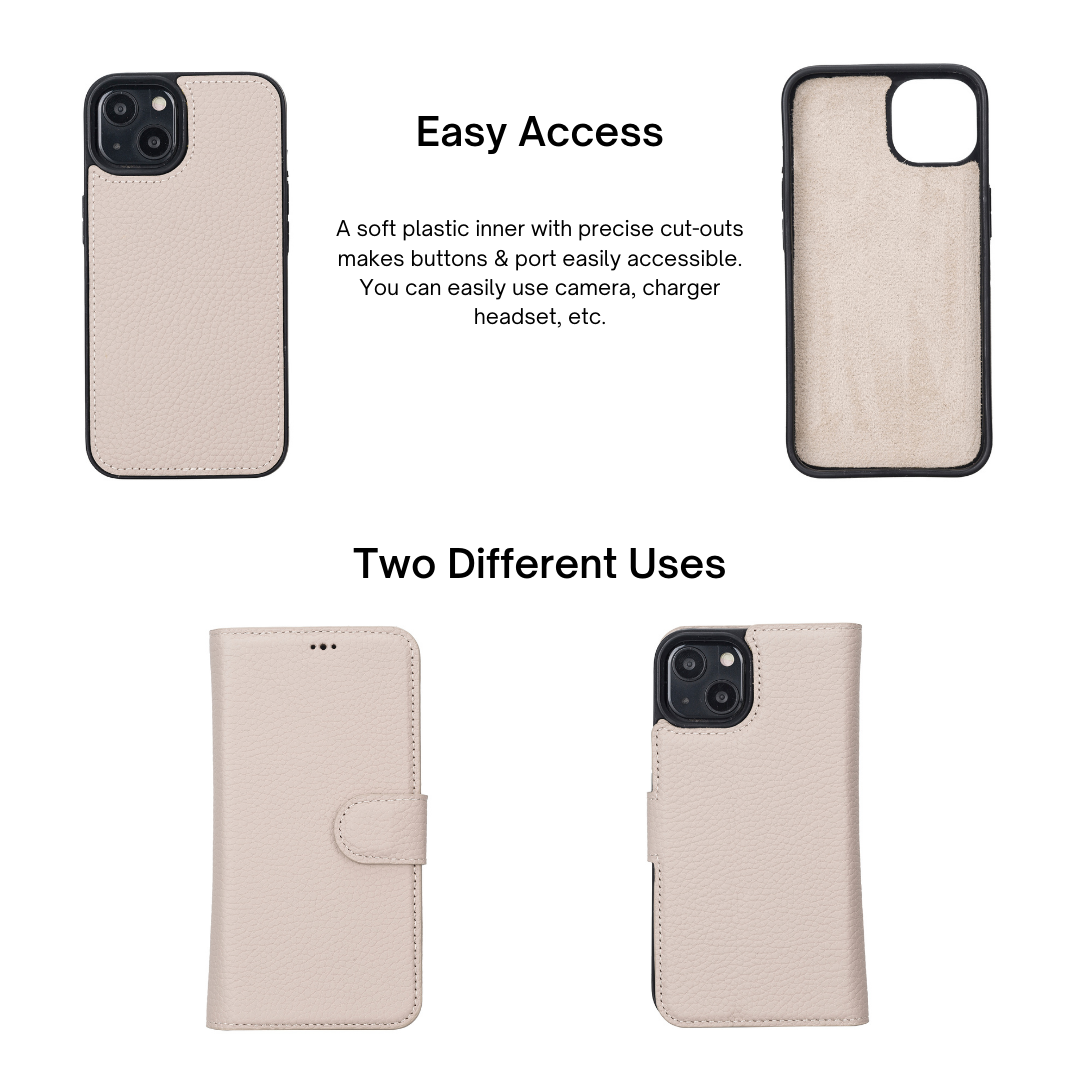 iPhone 13 (6.1") Leather MagSafe RFID Magnetic Detachable Wallet Case - Beige