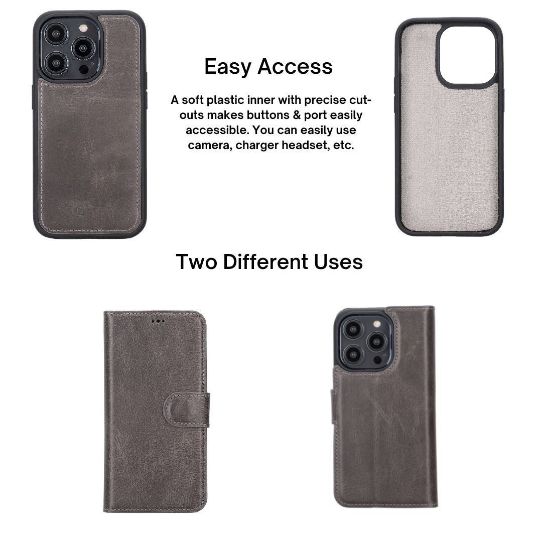 iPhone 14 Pro (6.1") Leather MagSafe RFID Detachable Wallet Case - Rustic Black
