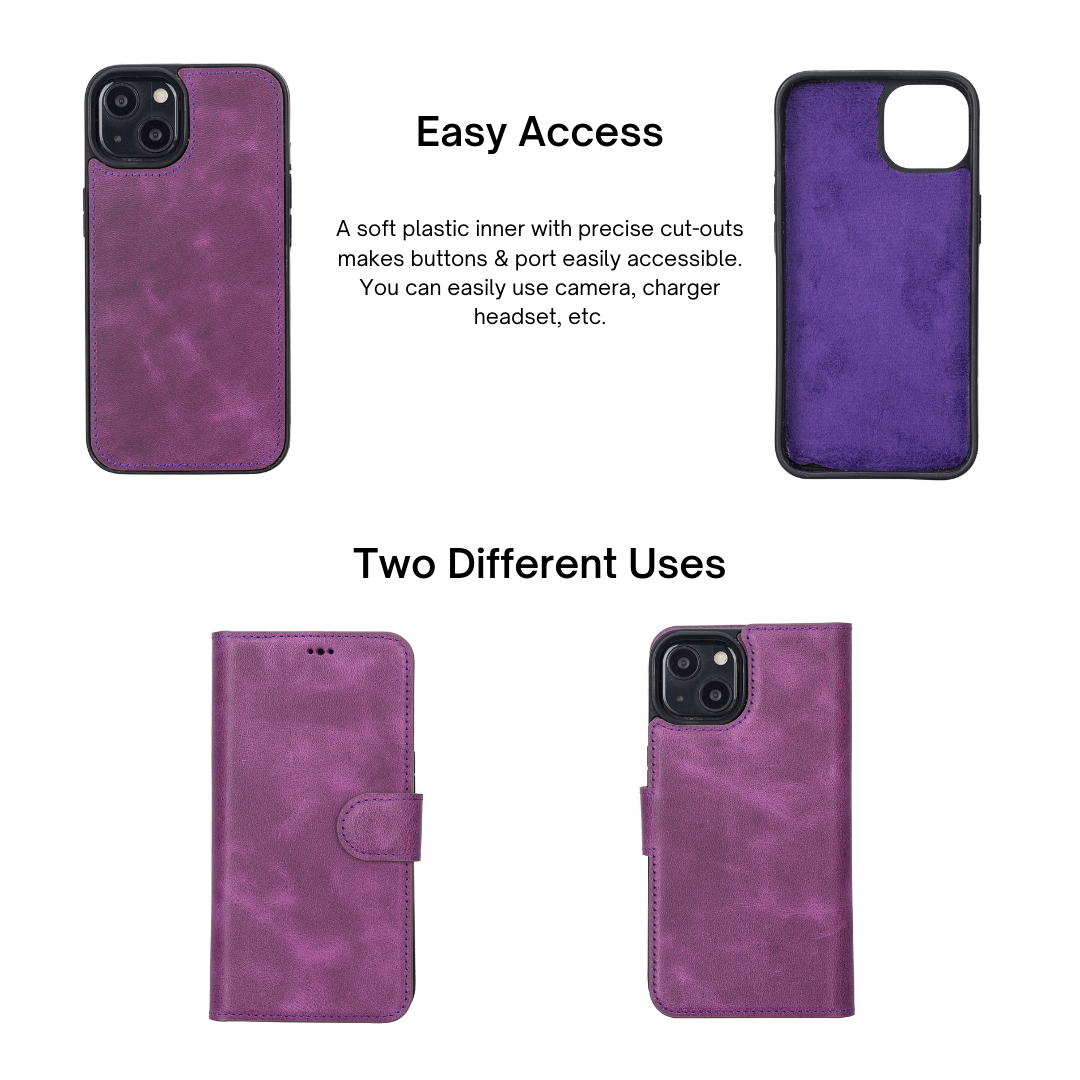 iPhone 13 (6.1") Leather MagSafe RFID Magnetic Detachable Wallet Case - Purple