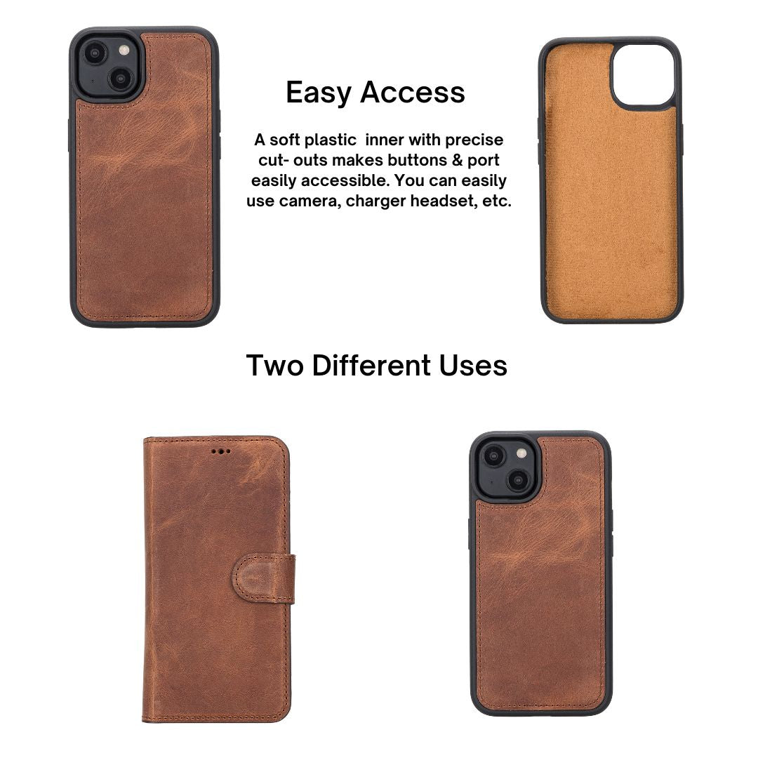 iPhone 14 (6.1") Leather MagSafe RFID Detachable Wallet Case - Teak Brown
