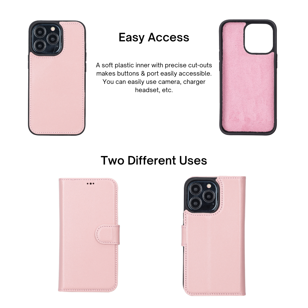 iPhone 13 Pro (6.1") Leather MagSafe RFID Magnetic Detachable Wallet Case - Pink