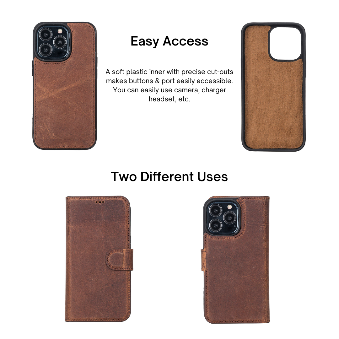 iPhone 13 Pro (6.1") Leather MagSafe RFID Magnetic Detachable Wallet Case - Teak Brown